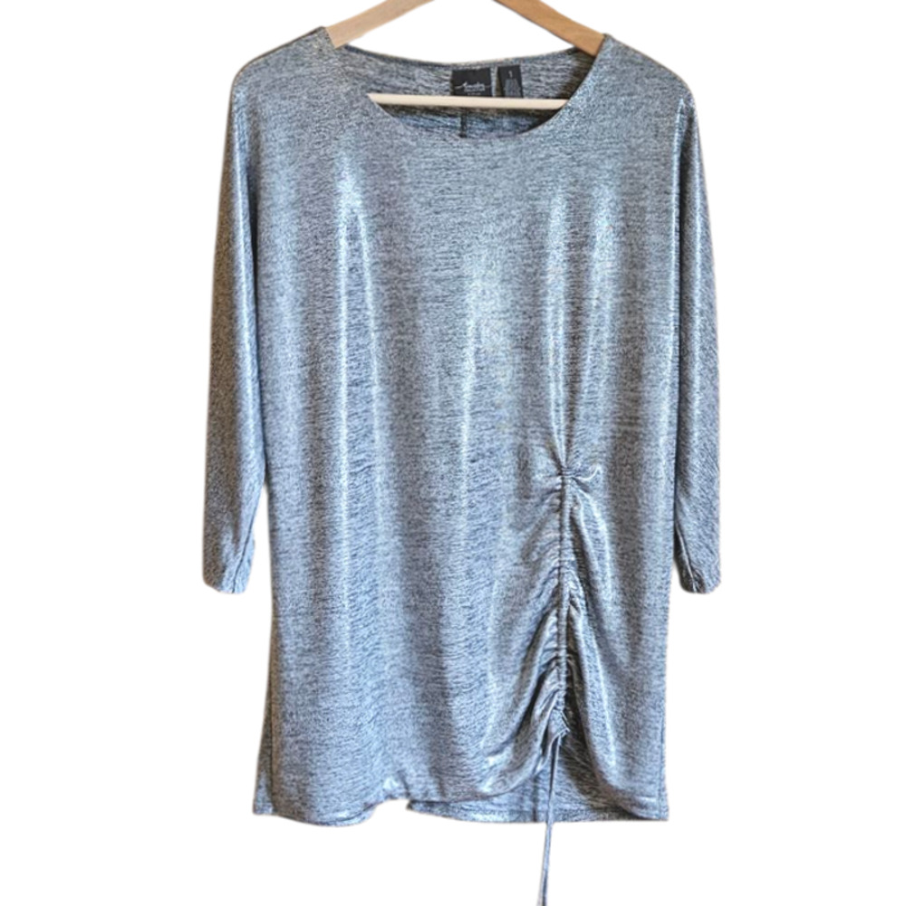 Chico's Travelers Stretchy Blouse Shiny Silver 3/4 Sleeve Women's 1 ( Medium )